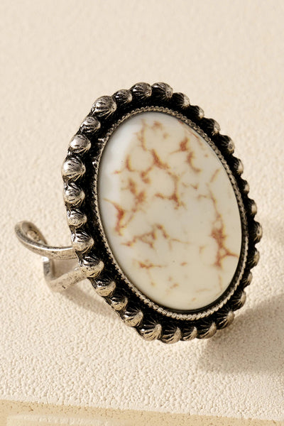 Western Oval Stone Open Ring in White